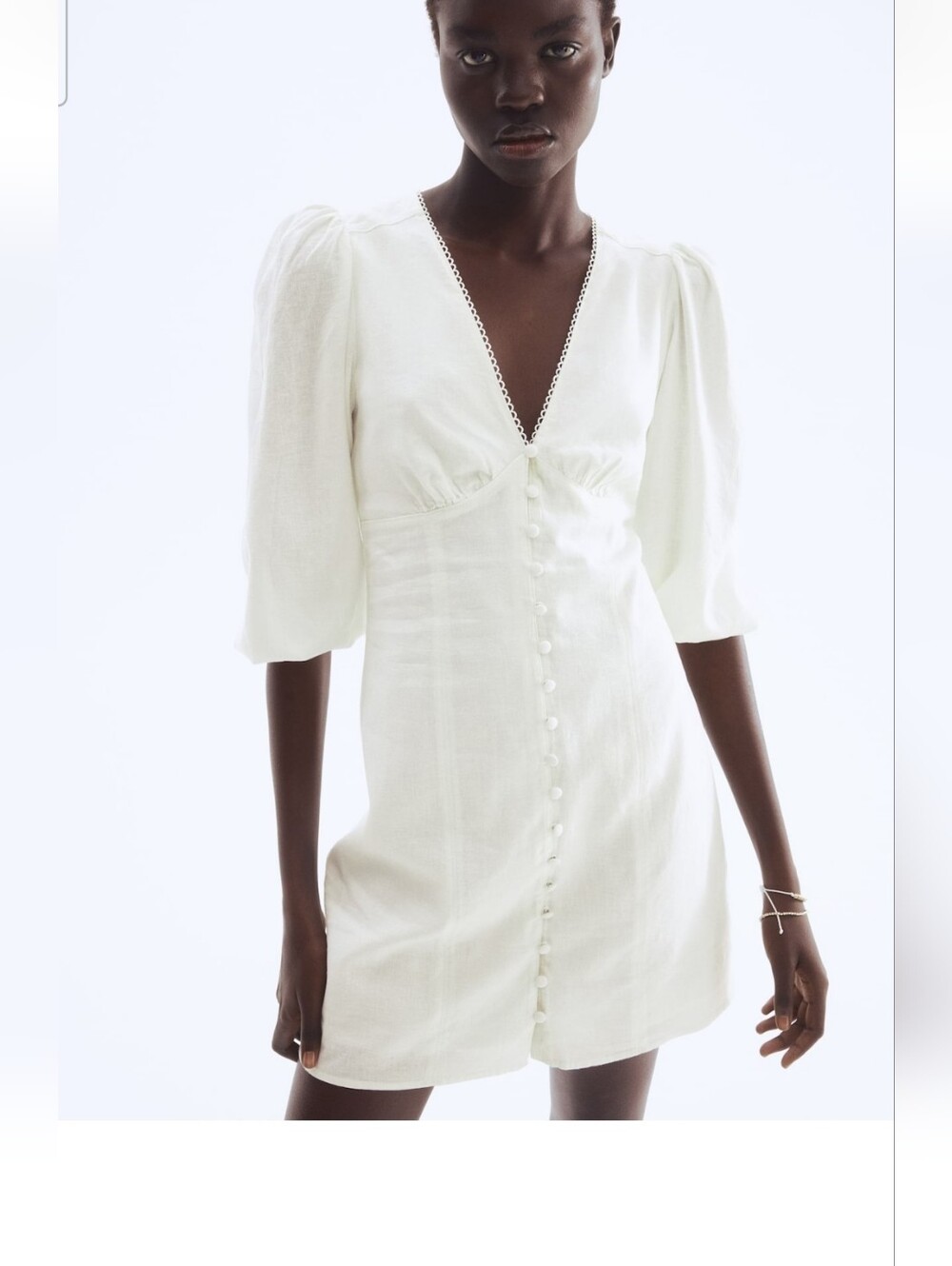 H&M NWT Ivory Button-Front Puff Sleeve Mini Dress
